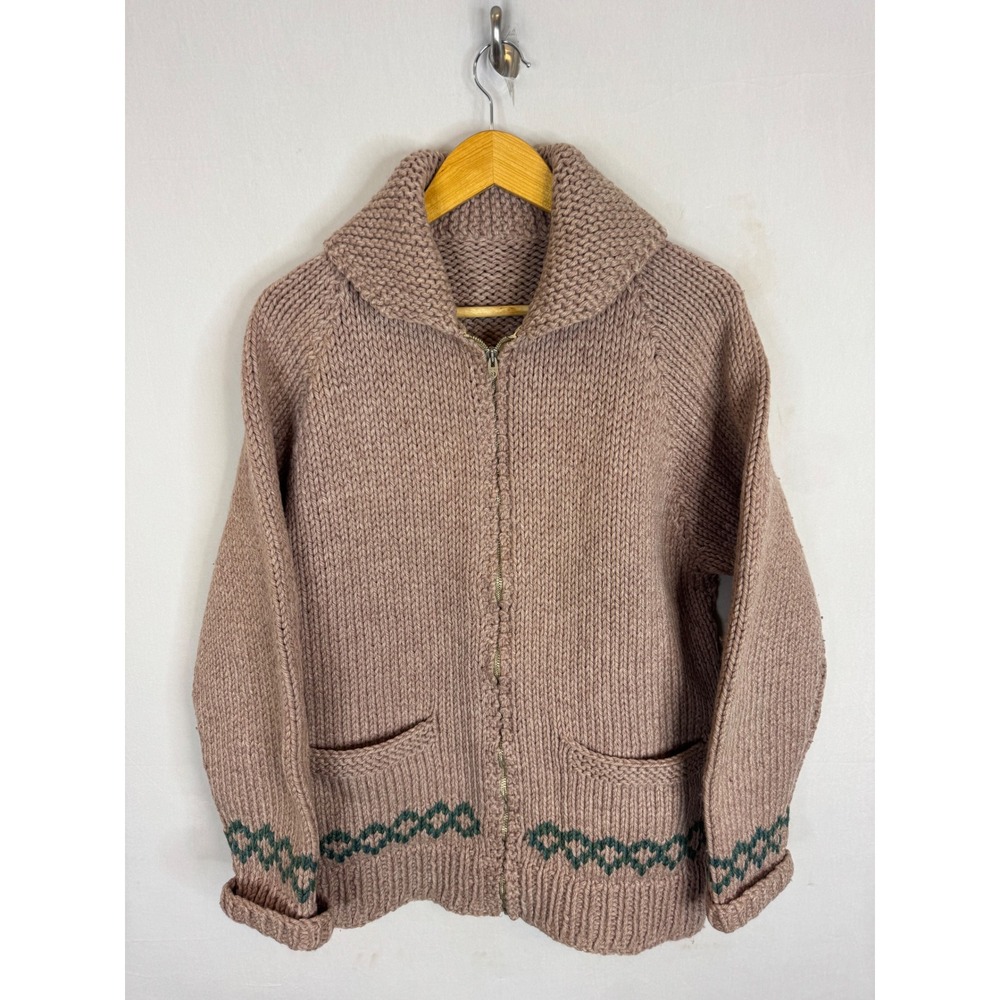 Vintage Handmade Chunky Knit Cowichan Style Shawl Collar Zip Cardigan Women L